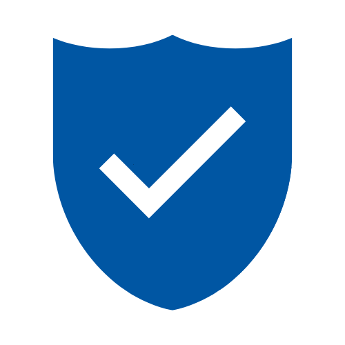 A white checkmark centered inside a blue shield icon, symbolizing security or verification.
