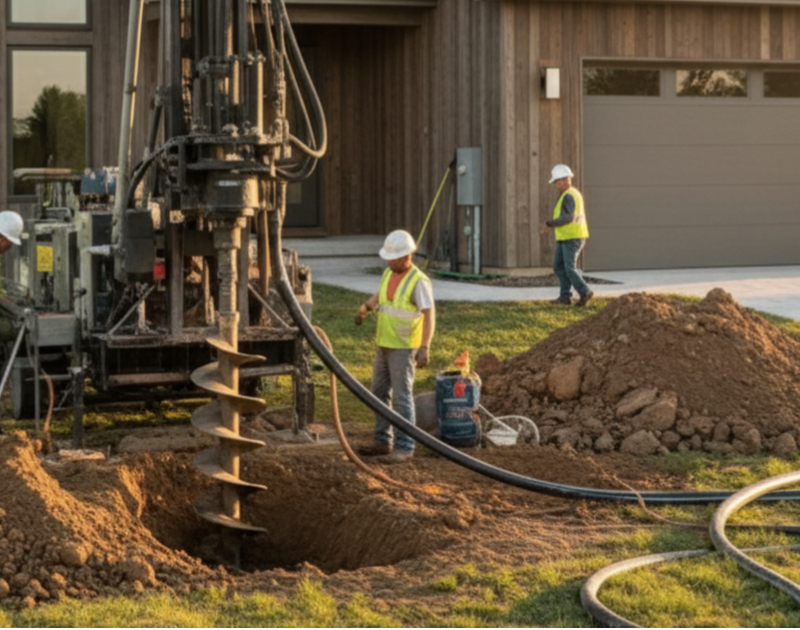 Workers use a drilling rig to bore a hole in the lawn of a residential home.