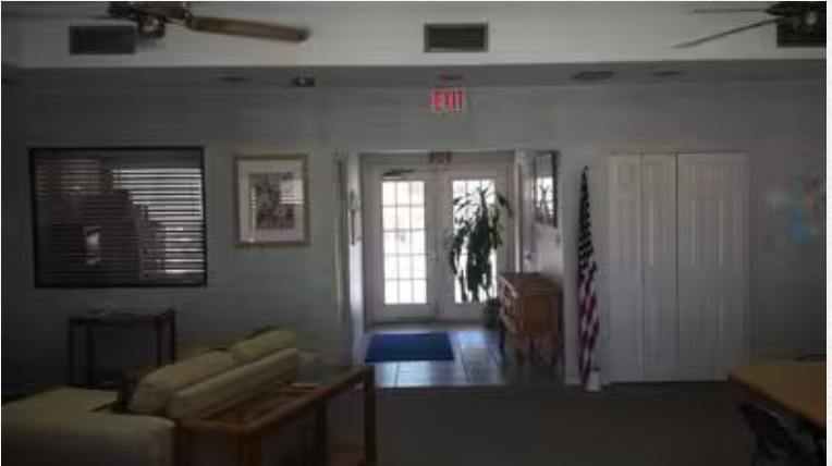 A living room with a couch and a ceiling fan