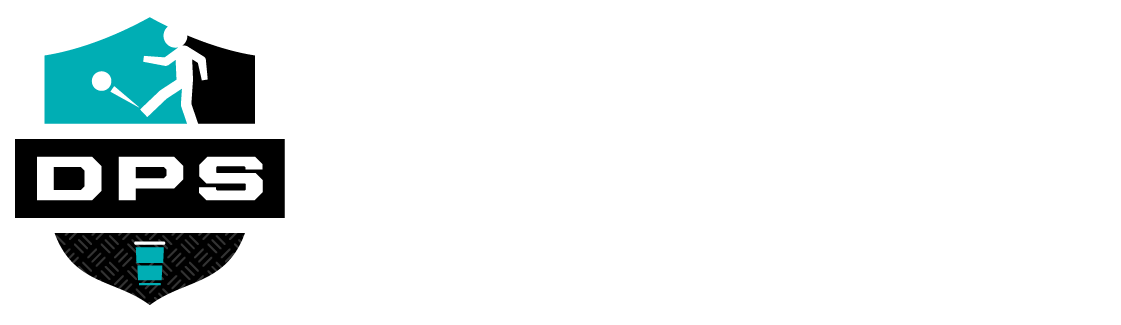 DPS Logo: Shield with figure playing kickball, "DPS" and "DOUBLE PLAY SOCIALS" in black text.