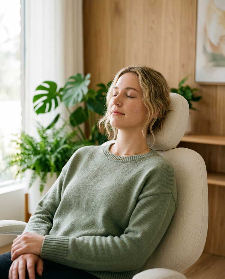 Person relaxing in a beige chair with eyes closed, wearing a green sweater in a cozy room with plants.