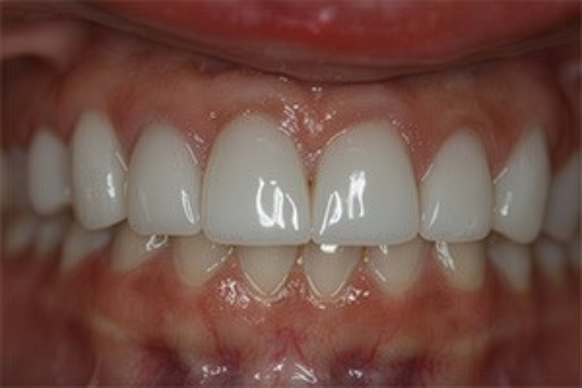 Close-up of a mouth showing white teeth and gums with a slight gap between the front teeth