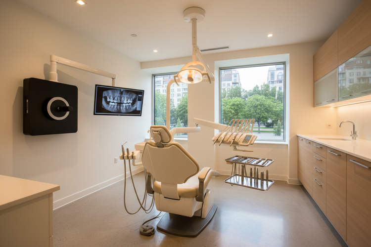 Dental exam room with chair, overhead light, cabinets, and a large window overlooking trees.