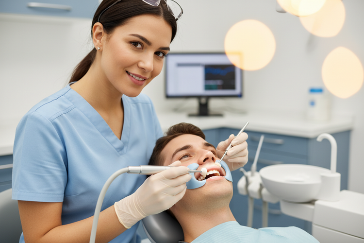 Dentist in blue scrubs examining a patient’s teeth in a bright clinic