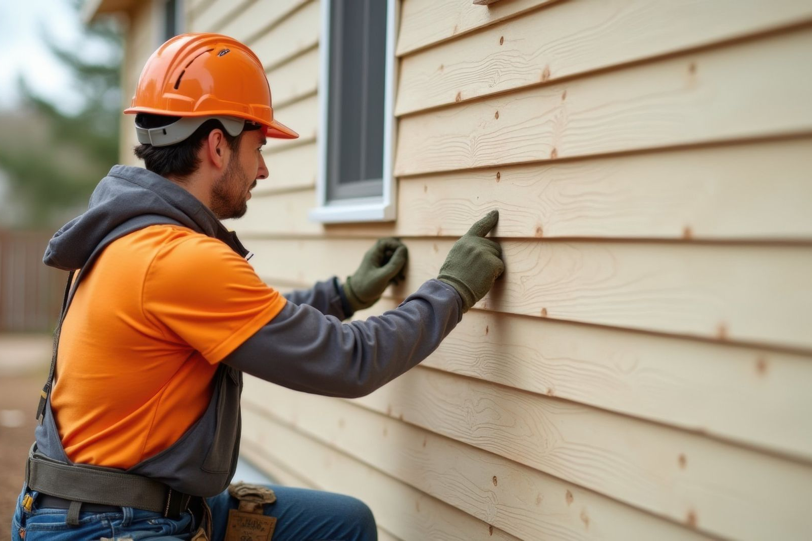 A construction worker in a hard hat and orange shirt inspects beige horizontal siding on a house wall.