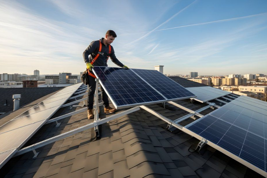 A person wearing safety gear installs solar panels on a sloped residential roof during the day.