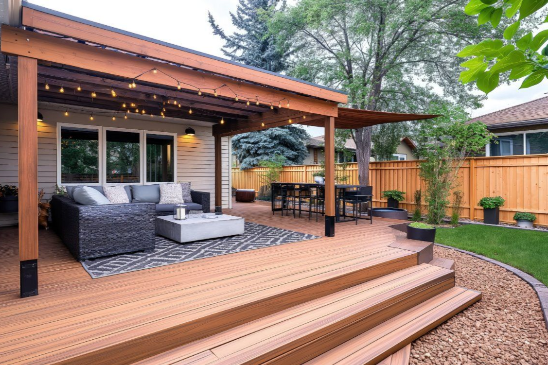 A modern backyard patio with a wooden deck, a pergola featuring string lights, outdoor seating, and a dining area.