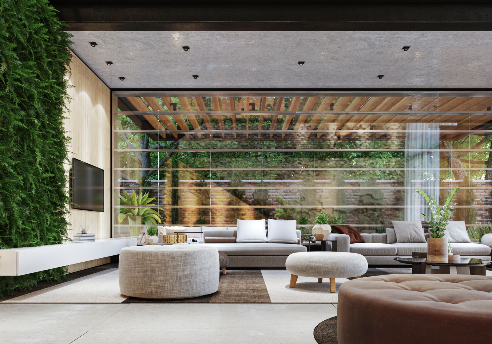 A living room with a couch , ottoman , and television.