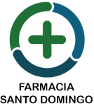 Logotipo de farmacia: Diseño circular verde y azul con un signo más verde y 