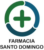 Logotipo de farmacia: Diseño circular verde y azul con un signo más verde y