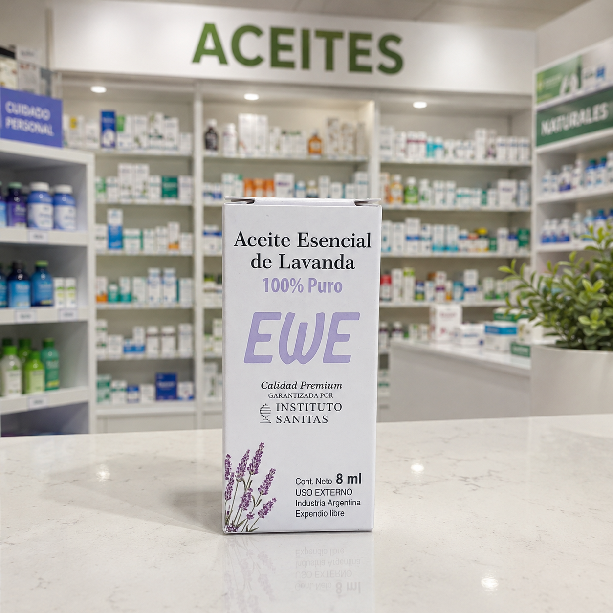 Envase de Aceite Esencial Puro de Lavanda EWE, producto natural relajante y para aromaterapia