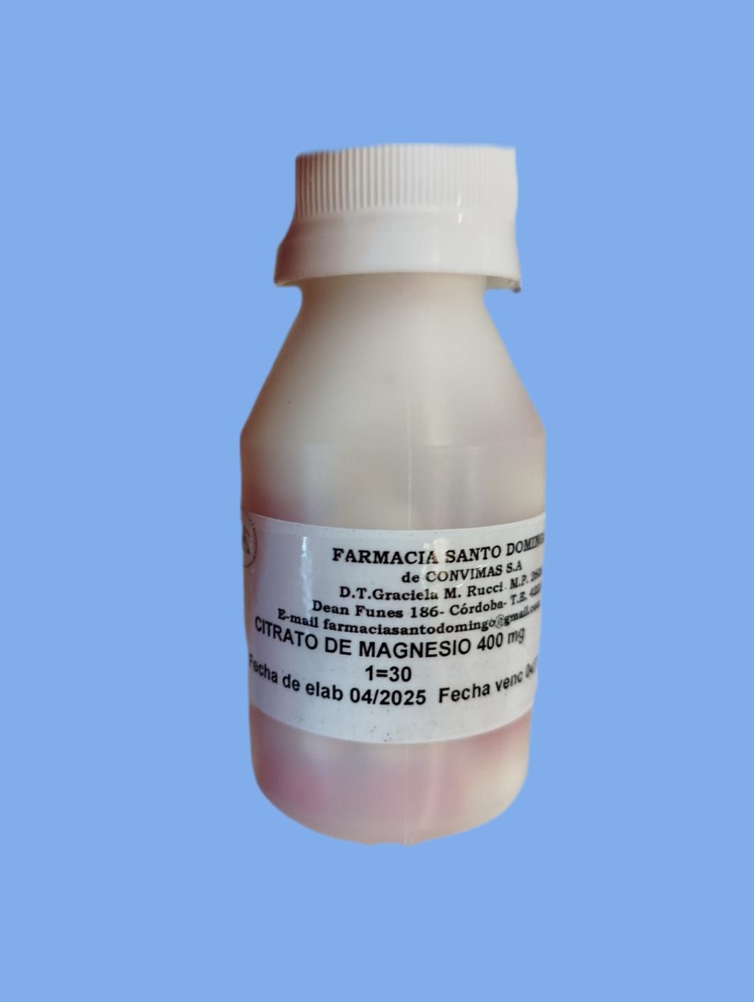 Botella blanca con etiqueta para Citrato de Magnesio 480 mg.