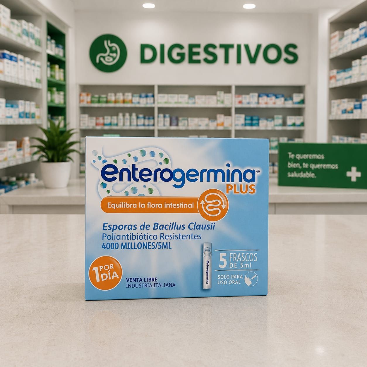 Caja de Enterogermina suspensión oral en viales, indicados para restaurar la flora intestinal