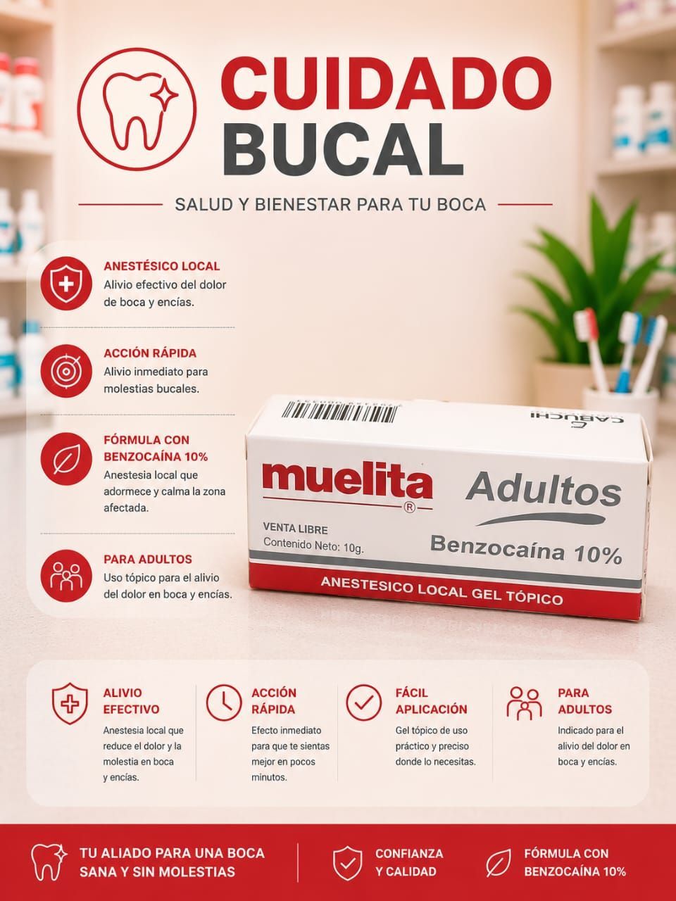 gel tópico venta libre con anestésico Benzocaína alivio del dolor de muelas aftas, llagas y molestias por prótesis ortodoncia