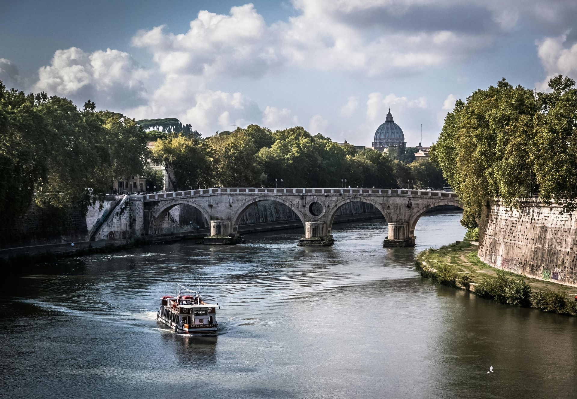 A boat is going under a bridge over a river