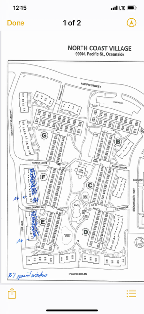 North Coast Village floor plan map with marked blue route and unit locations