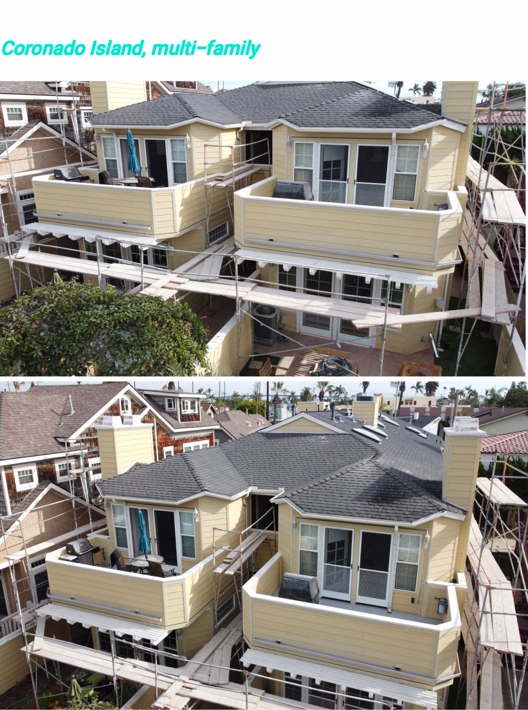 Coronado Island multi-family house under construction with blue siding and scaffolding views
