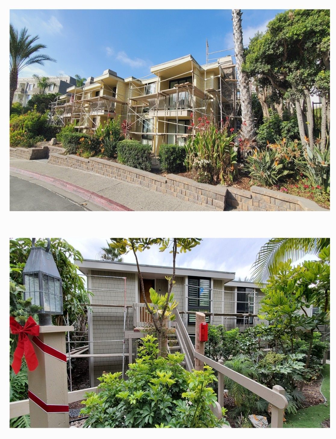 Two photos of a tropical apartment complex with balconies, lush greenery, and a paved street nearby