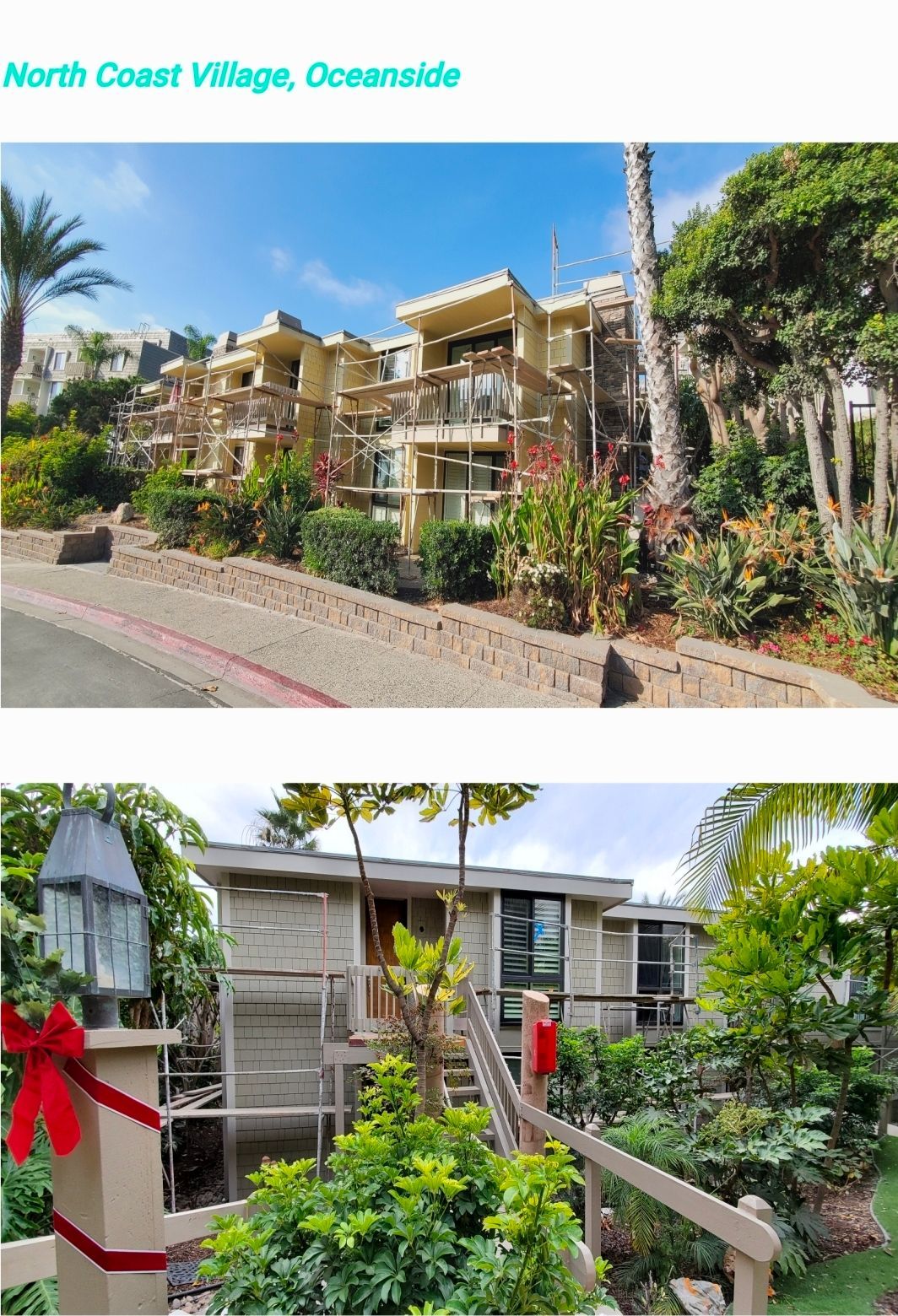 North Coast Village, Oceanside: landscaped condo buildings with balconies and palm trees.