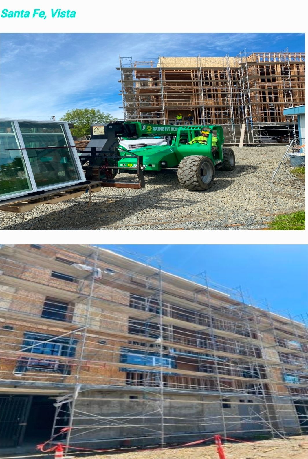 Construction site with green telehandler and two wood-framed buildings under construction in Santa Fe, Vista