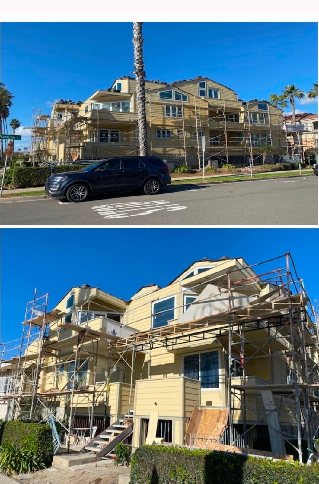 Before-and-after of a tan apartment building, intact on top and heavily damaged on bottom, with scaffolding and a parked car.
