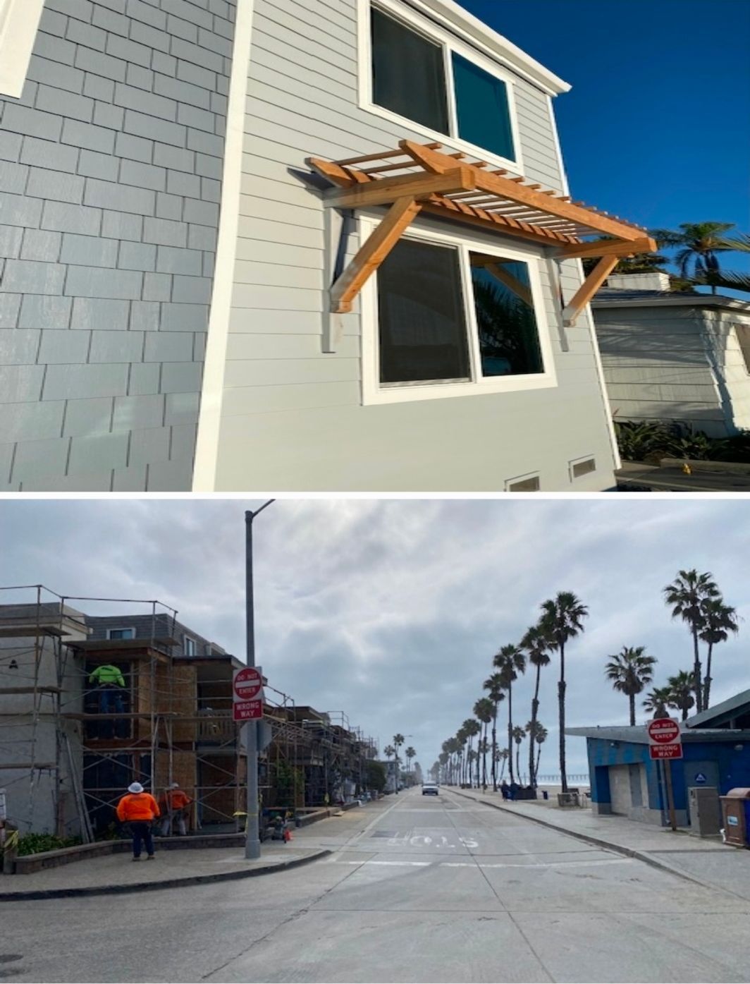 Two construction scenes: a house with a window awning and a palm-lined street under repair.