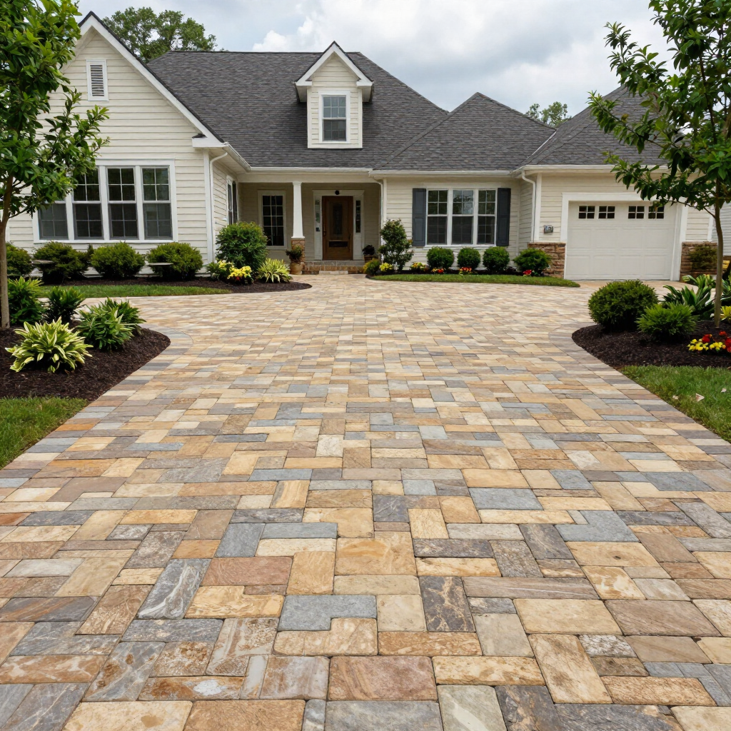 Stone paver driveway leading to a light gray suburban house with white trim and a garage