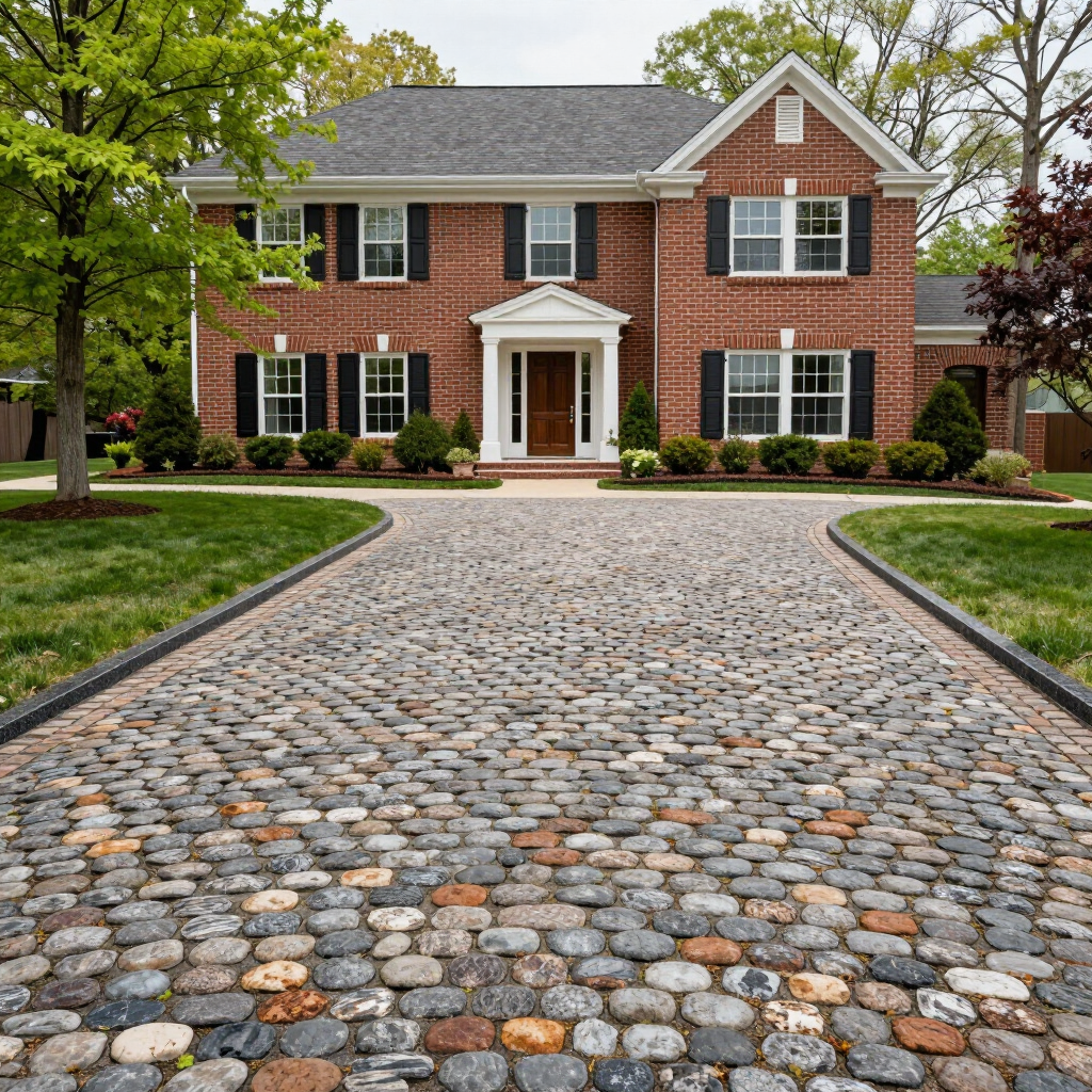 Brick colonial house with white trim and a cobblestone driveway lined by green trees and lawn.