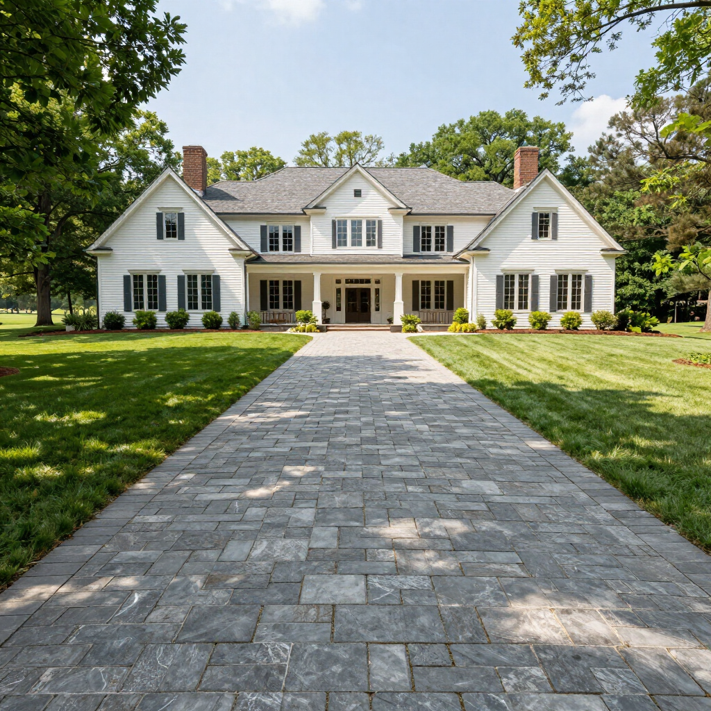 Large white house with a stone walkway and green lawn under sunny trees