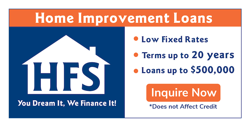 Home improvement loans ad: HFS logo, low fixed rates, terms up to 20 years, loans up to $500,000, Inquire Now button