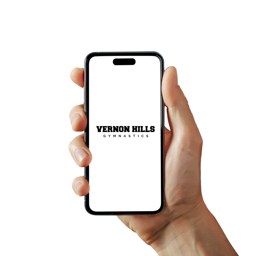 Hand holding a smartphone displaying the Vernon Hills Gymnastics logo on a white screen