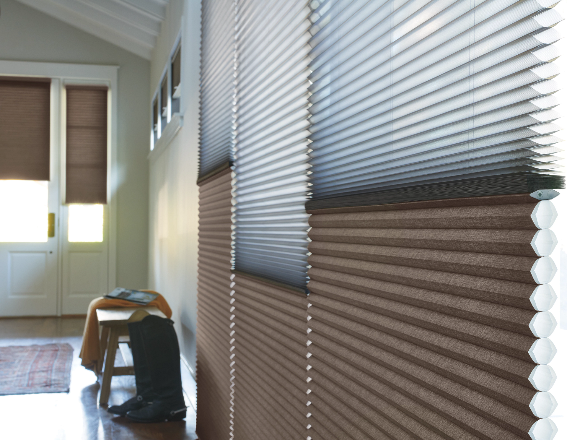 Duette® Cellular Shades covering sidelight windows.