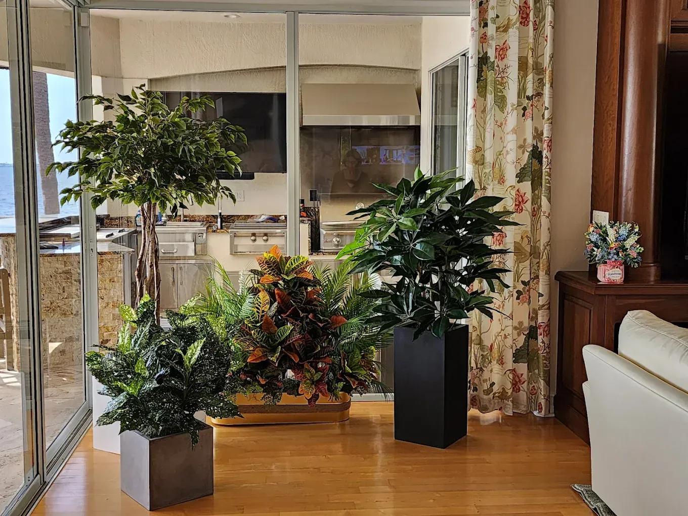 Plants in pots inside a room with a view of an outdoor kitchen and ocean.