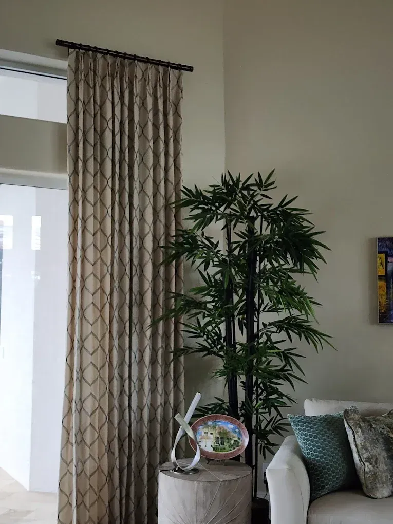 Beige patterned curtain, bamboo plant, and decorative objects in a living room.