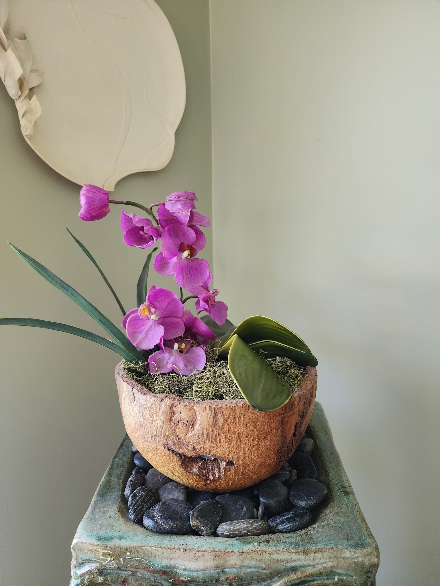 Purple orchids in a coconut shell pot on a stone pedestal, against a pale green wall.