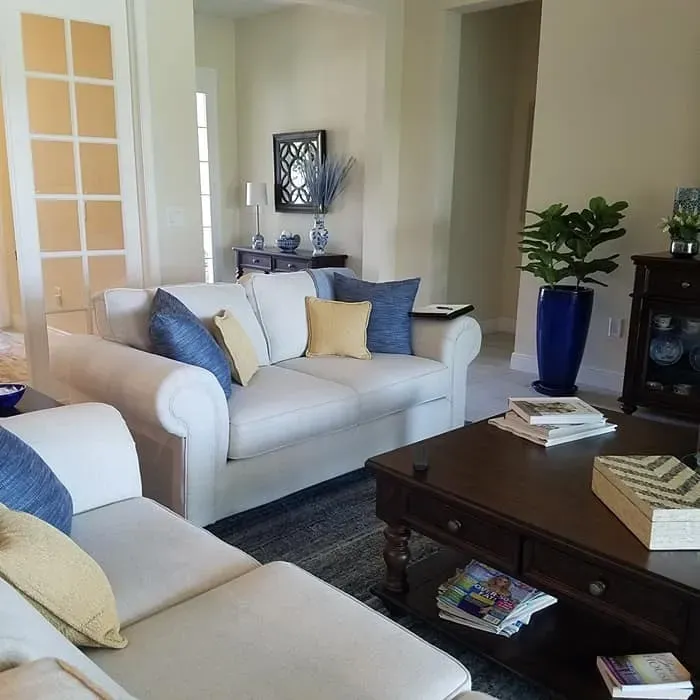 Living room with white sofas, blue and yellow pillows, a wooden coffee table, and a potted plant.