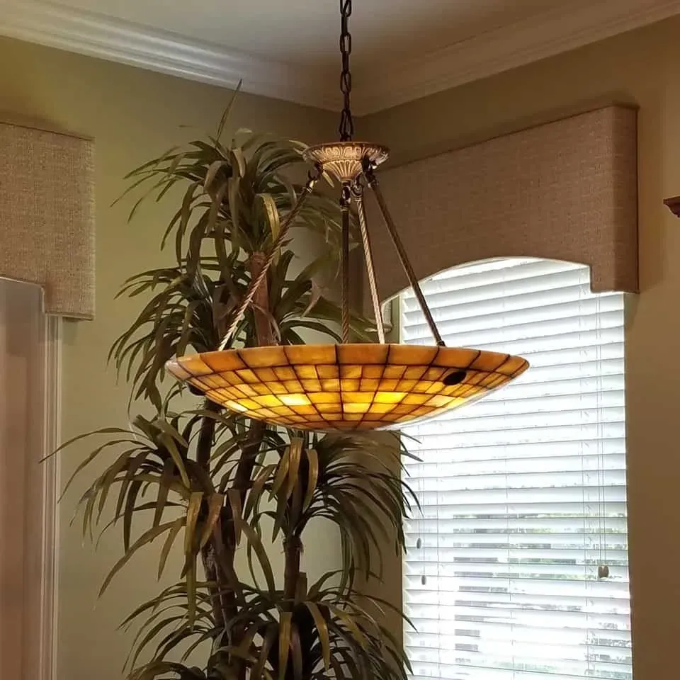 Tiffany-style hanging light fixture over a plant, beige window shade, and vertical blinds.