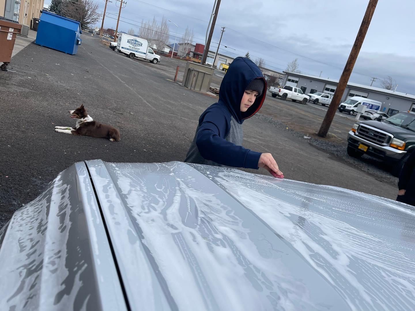 Boy washing a car outdoors, brown and white dog in the background, cloudy day.