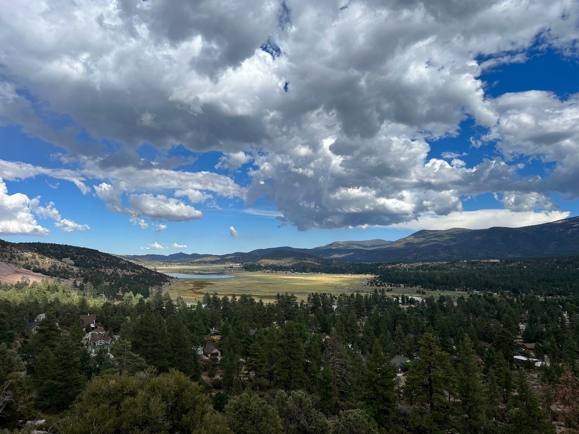 Vast landscape of pine trees, valley, and lake under a dramatic cloudy sky.