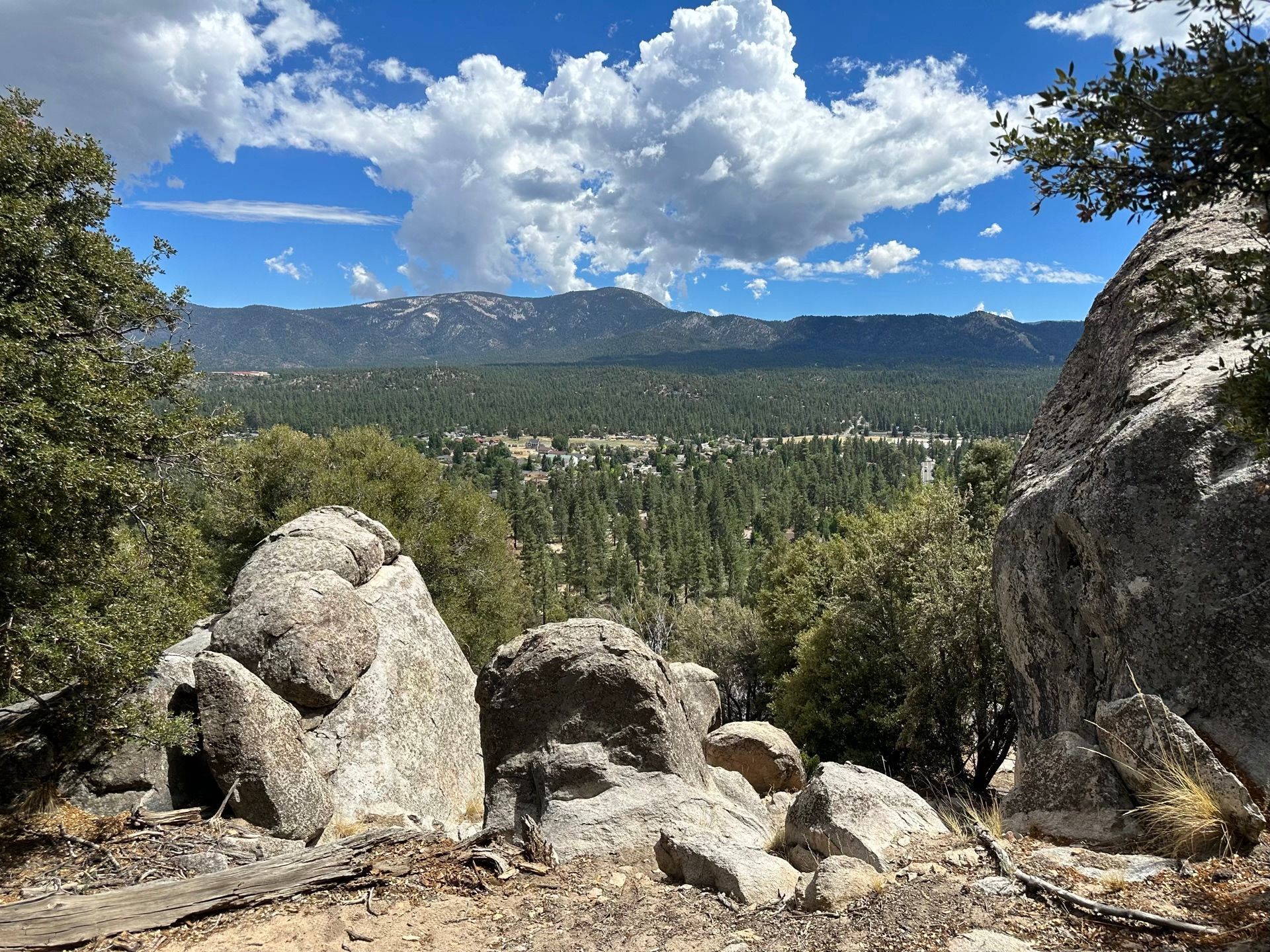 Scenic view from a high vantage point: mountains, green forest, blue sky with fluffy clouds.