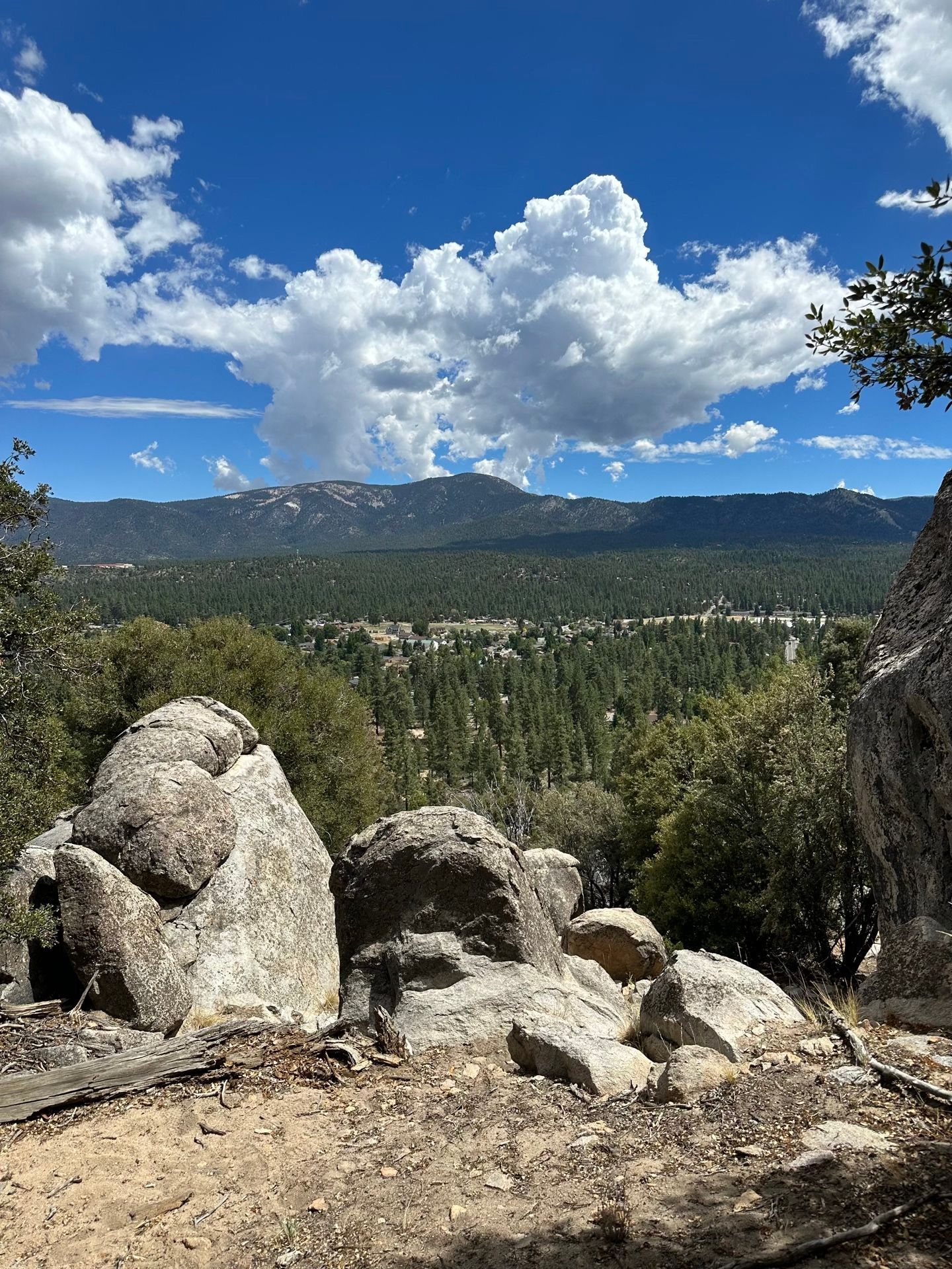 Rocky hillside view of a green valley under a blue sky with puffy white clouds.
