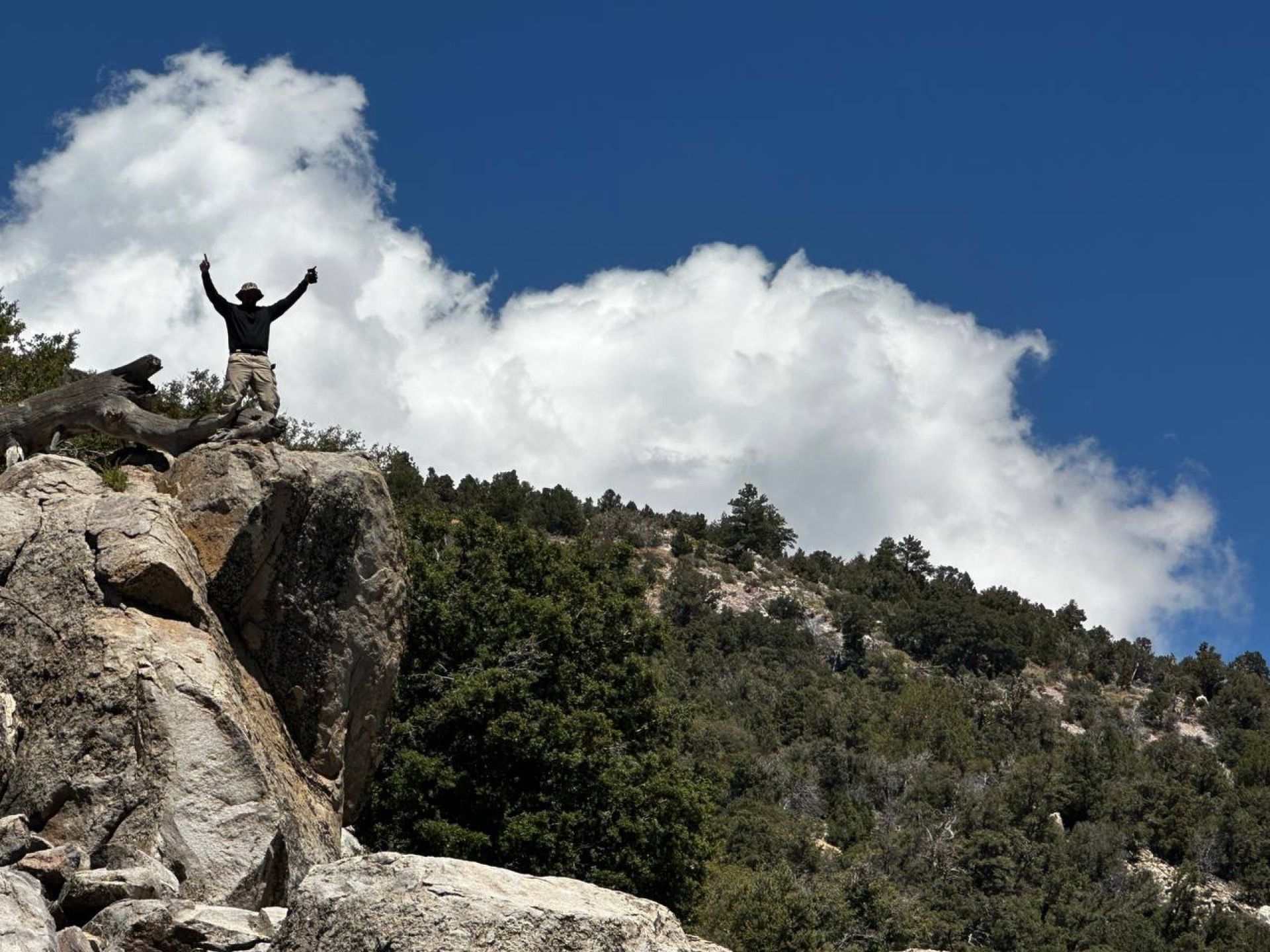 Person with arms raised stands atop rocky mountain against blue sky and clouds.