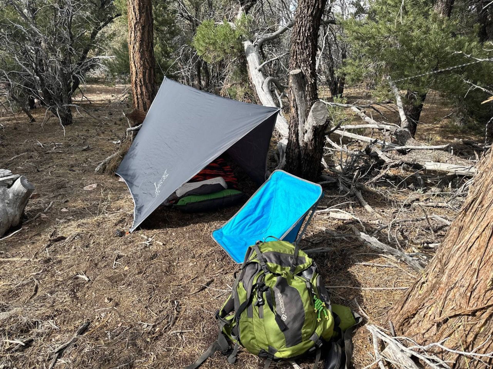 A campsite in a forest. A gray tarp shelter with gear, a blue chair, and a green backpack.