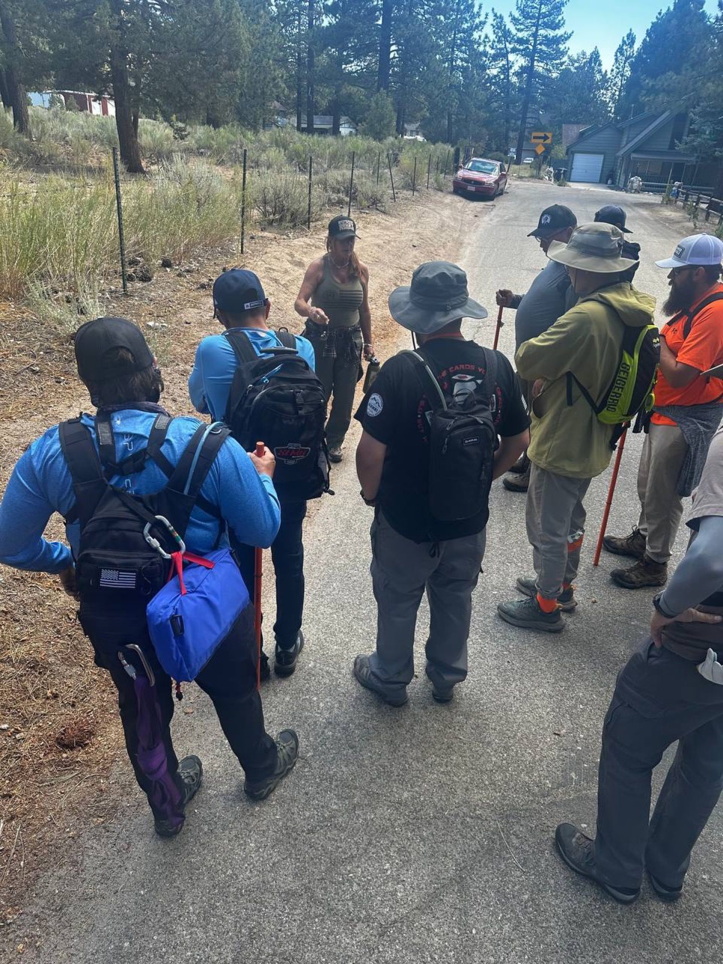 Group of hikers standing on a paved road in a wooded area, led by a woman.
