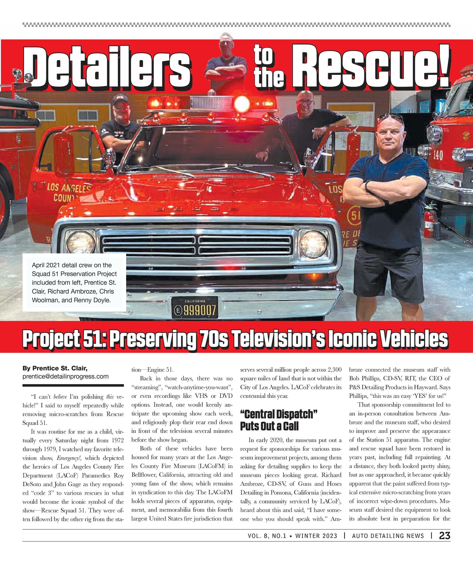 Men pose with a red 1970s TV show truck in a garage. Headline: 