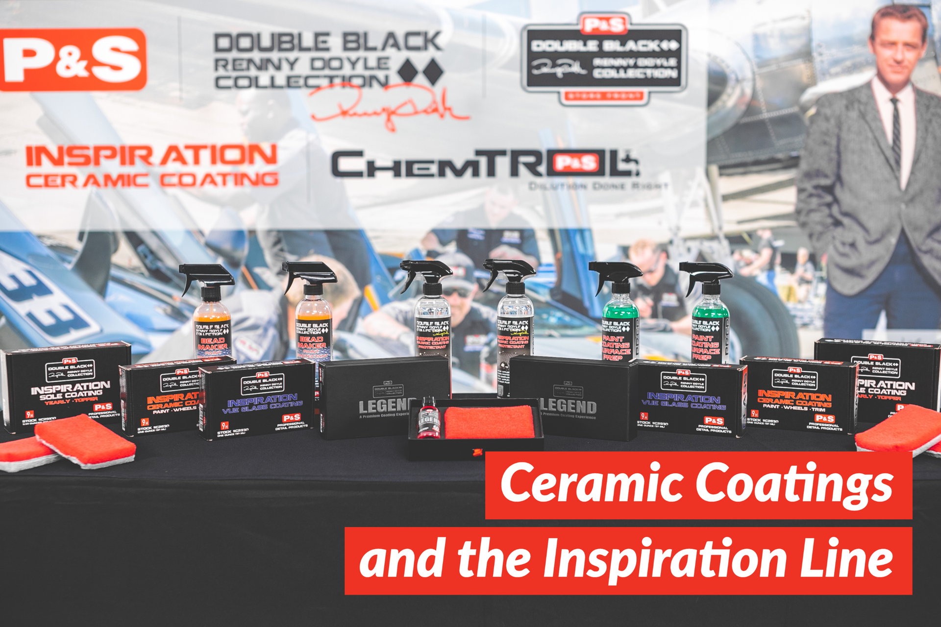 A display of ceramic coating products, including spray bottles and boxes, with a