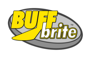 Logo for Buff Brite with yellow text and a yellow swoop on a gray oval.