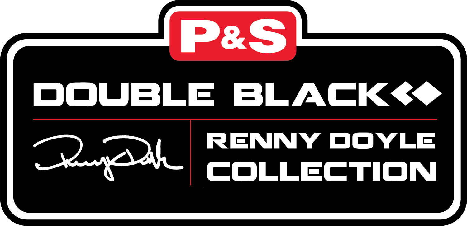 Logo for P&S Double Black Renny Doyle Collection. Red and black with white text and a signature.