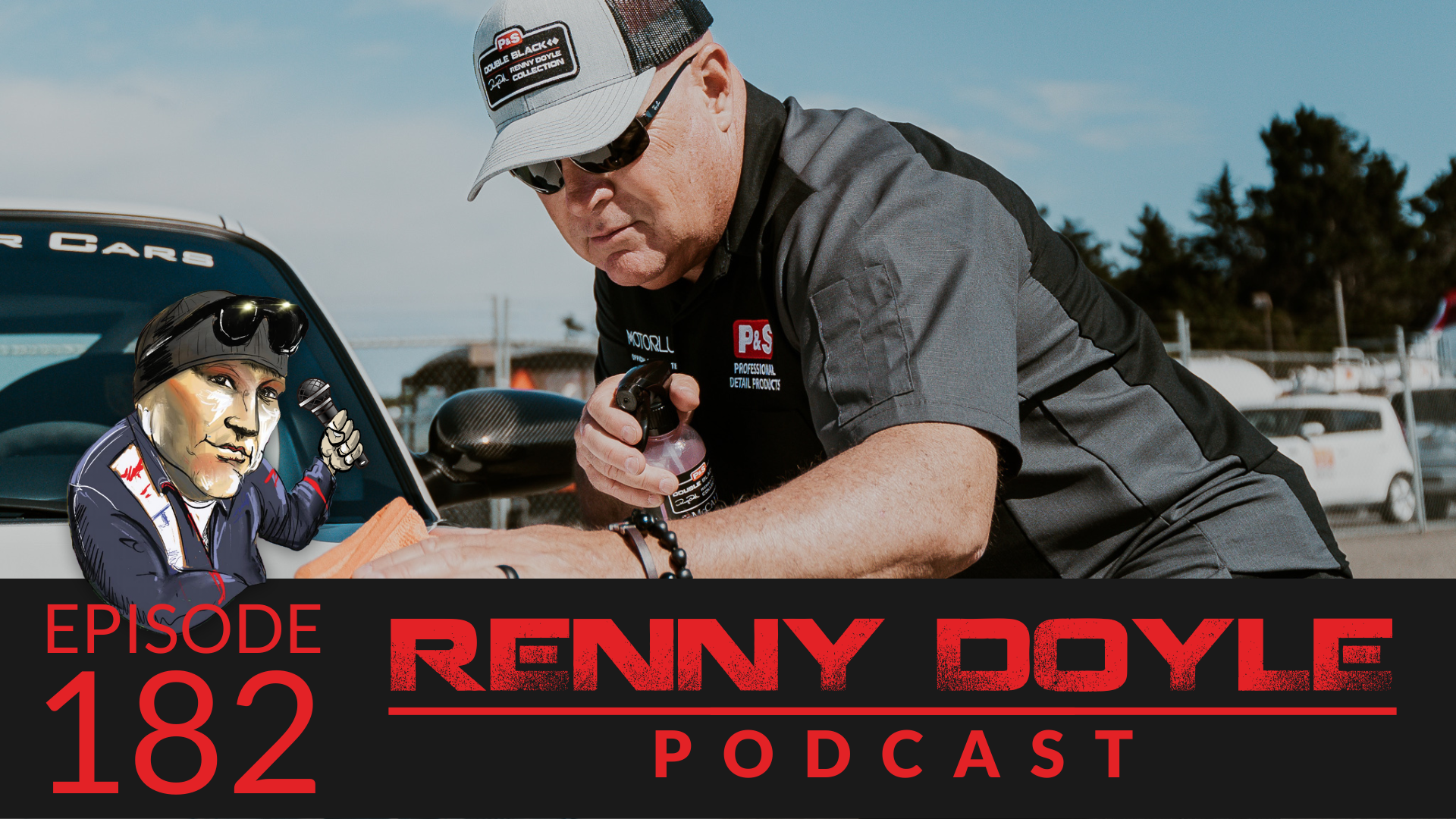 Podcast episode cover. Renny Doyle looks at car, cartoon man, red/white text.