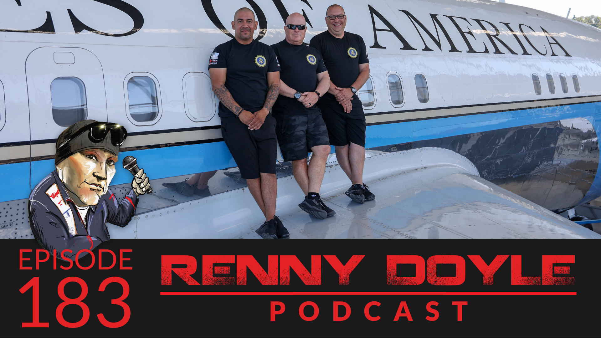Three men in black shirts stand near a plane, below red text 